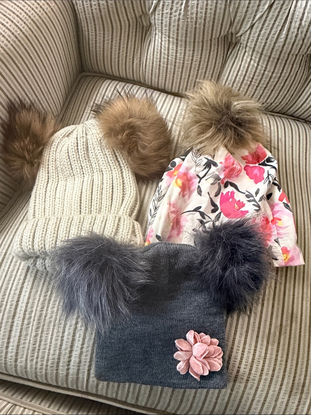 Trio of Pom Pom Beanies - Cream, Floral Pink, Charcoal